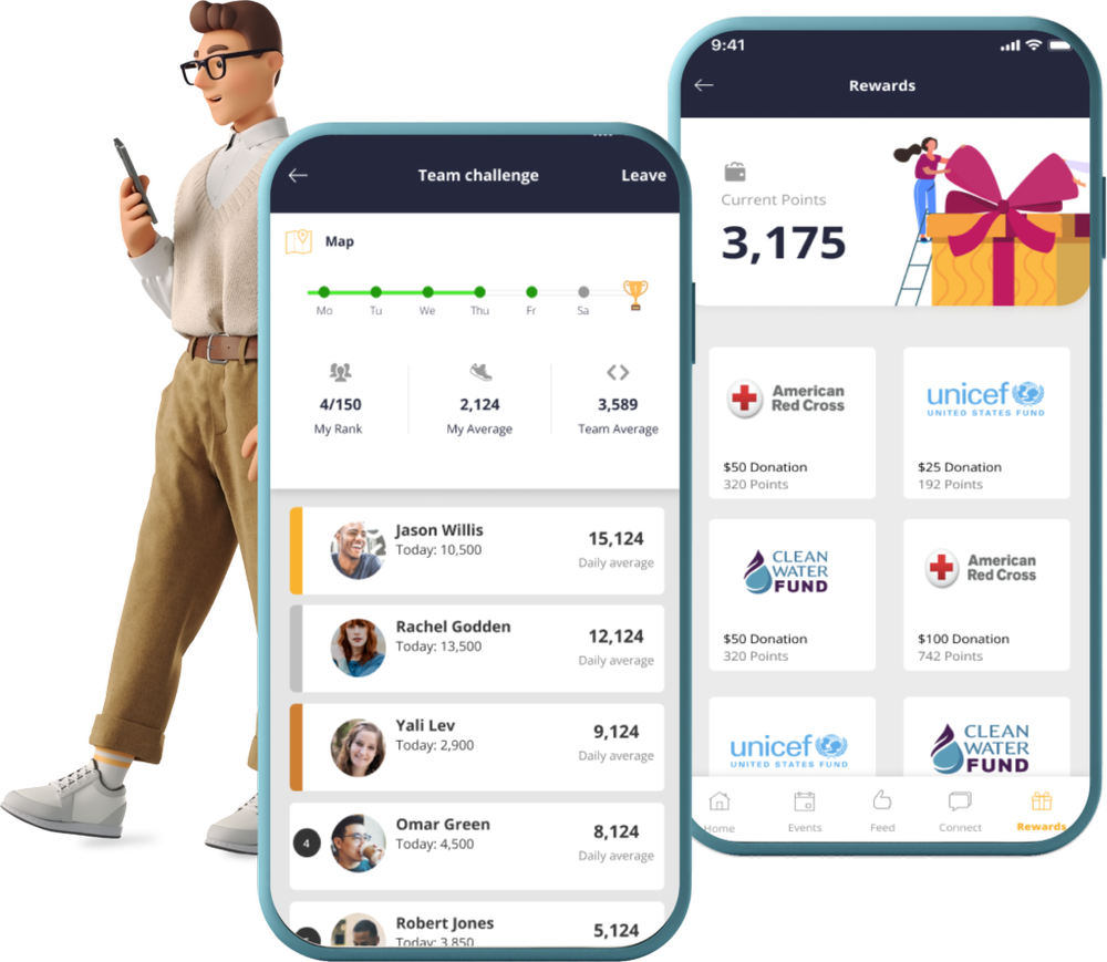 employee walking and looking on phone while the step for charity app screens are shown