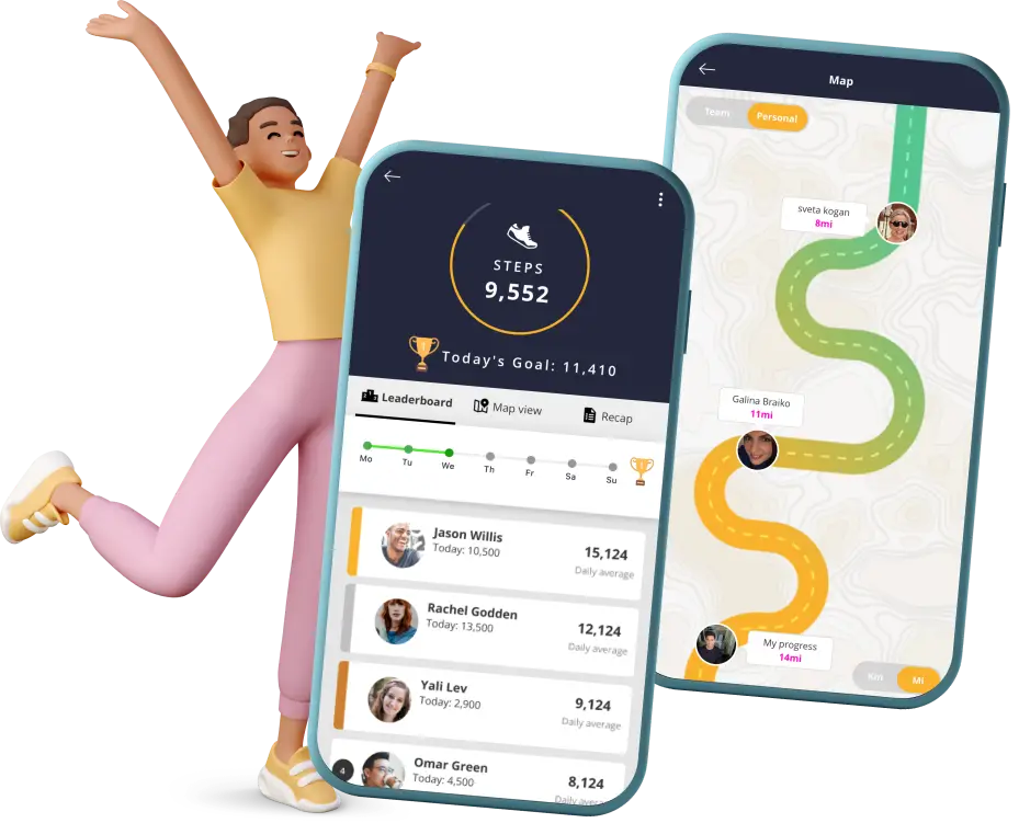 Happy employee next to two screens of step challenge app